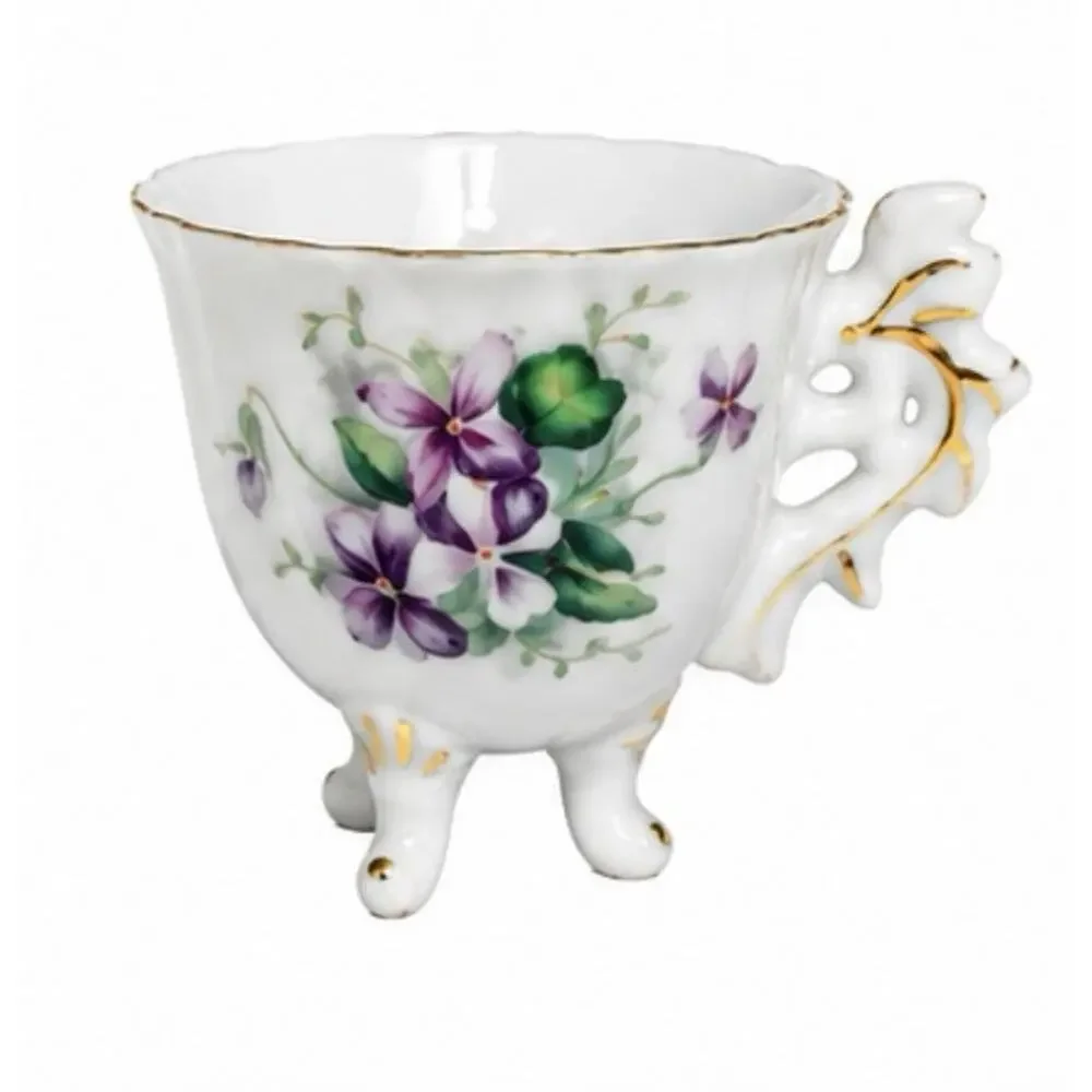 Vintage Footed Demitasse Cup & Saucer Purple Violet Floral Gold Trim Porcelain
